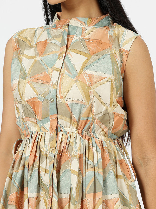 Malishka Women's Yellow Mandarin Collar Printed Cotton Fit & Flare Dress - Distacart