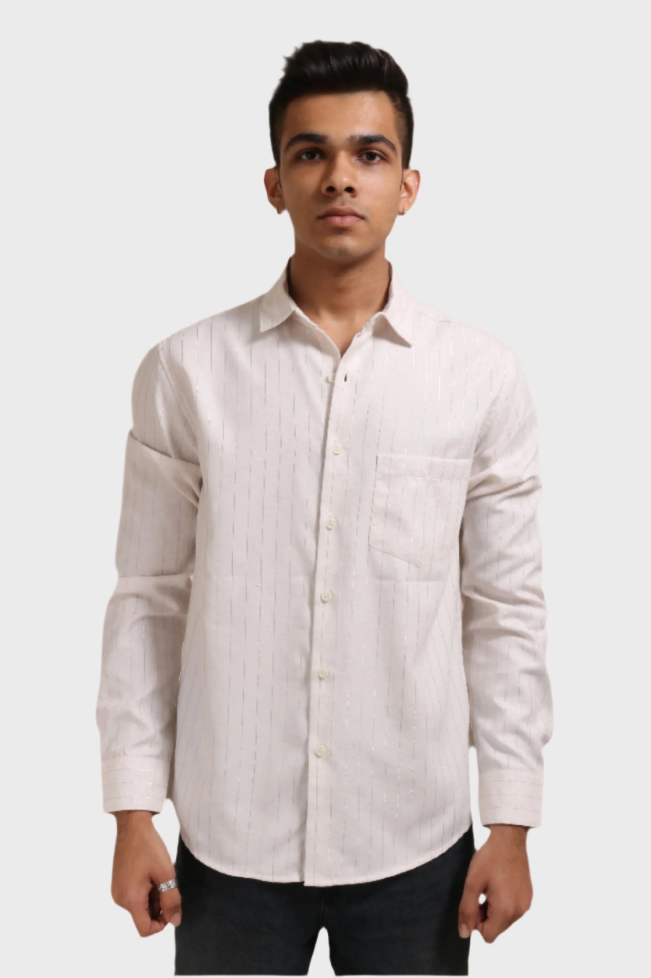 Xkind Off White Silver Stripes Regular Fit Shirt