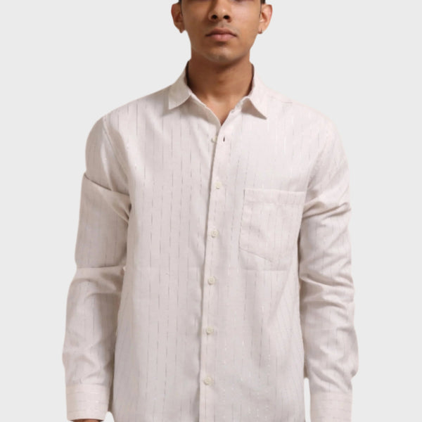 Xkind Off White Silver Stripes Regular Fit Shirt
