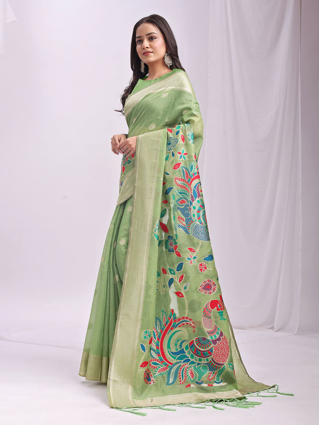 Astita Linen Cotton Light Green Saree