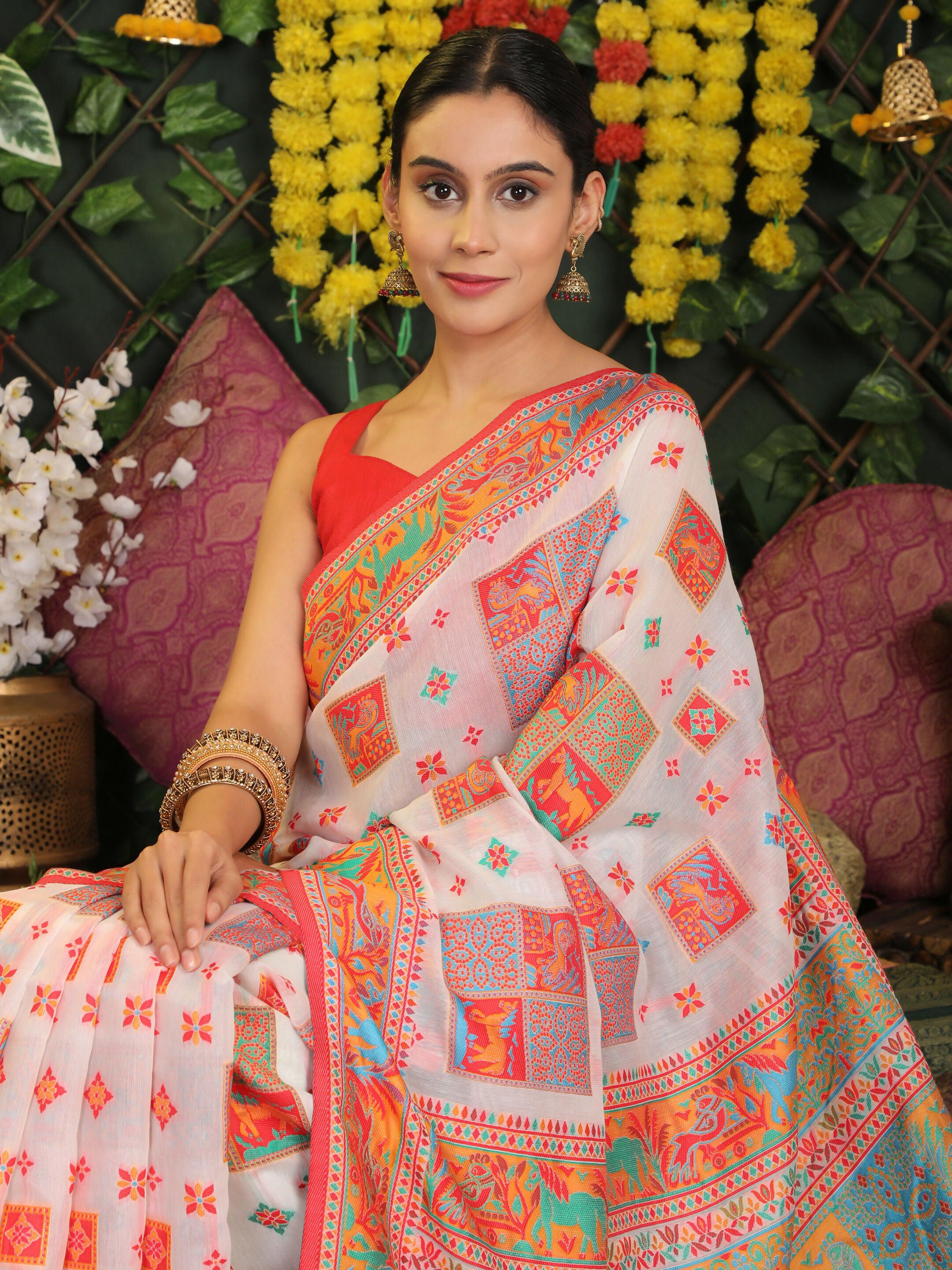 Astita Linen Cotton White Saree