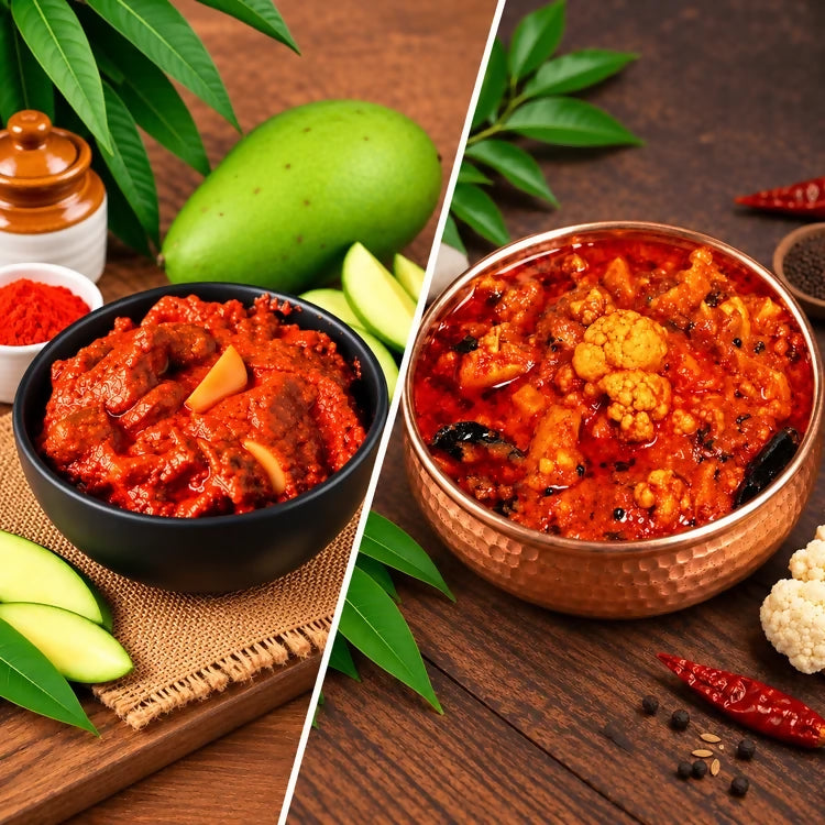 Tenali Ruchulu Pickles Combo: Mango Pickle + Cauliflower Avakaya Pickle