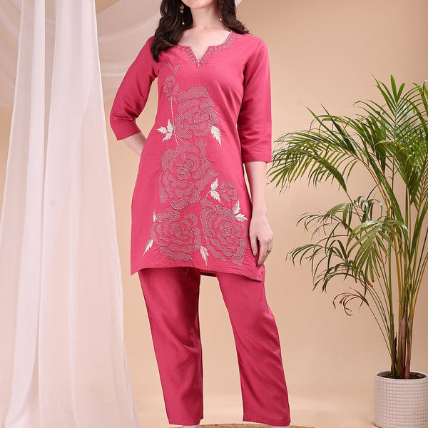 Embroidered Co Ords, Pink - Hiral Fashion