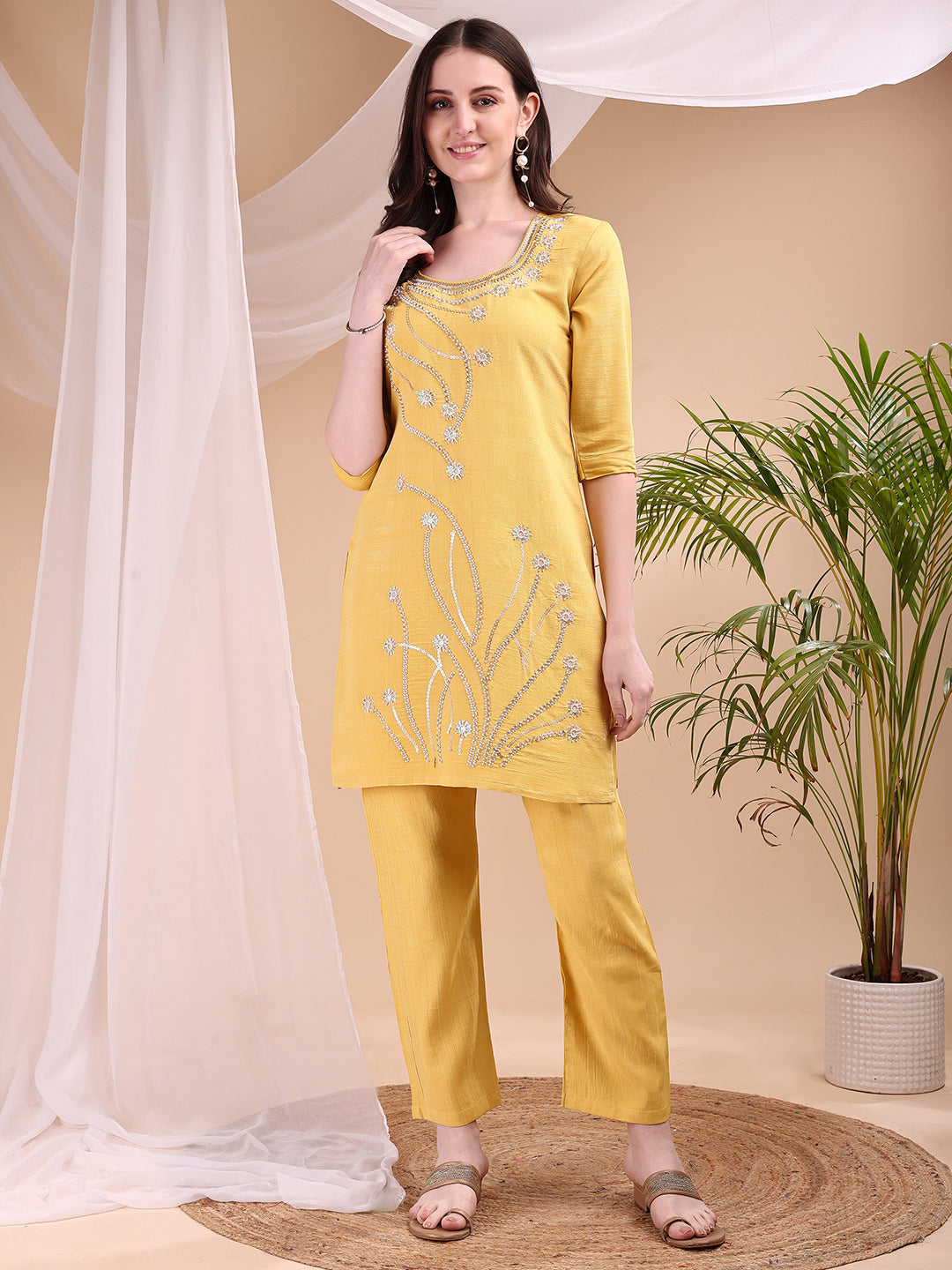Hand Embroidered Co Ords, Yellow - Hiral Fashion