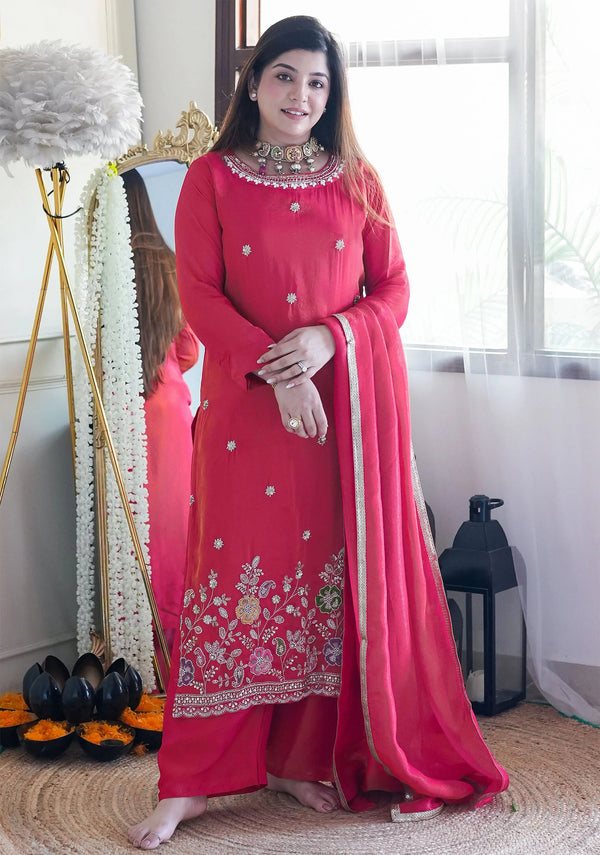 Malishka Women's Pink Cotton Silk Embroidered Straight Kurta Pant With Dupatta - Distacart