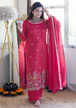 Thumbnail for Malishka Women's Pink Cotton Silk Embroidered Straight Kurta Pant With Dupatta - Distacart