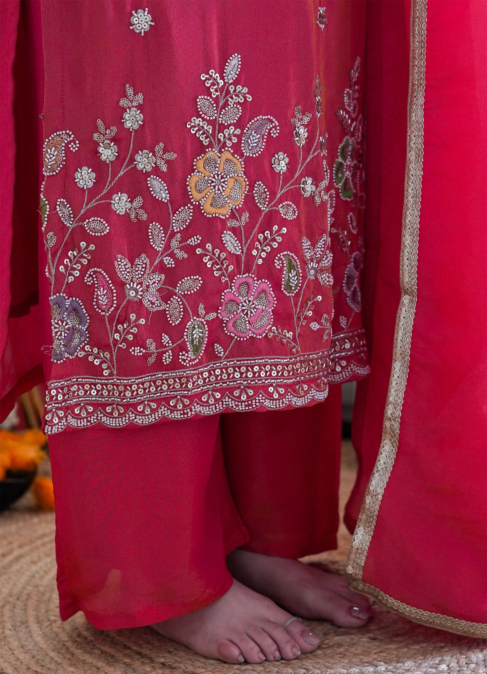 Malishka Women's Pink Cotton Silk Embroidered Straight Kurta Pant With Dupatta - Distacart