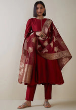 Thumbnail for Malishka Women's Maroon Cotton Silk Solid Anarkali Kurta Pant With Dupatta - Distacart