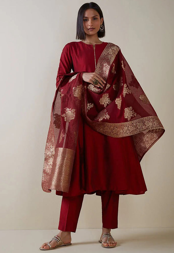 Malishka Women's Maroon Cotton Silk Solid Anarkali Kurta Pant With Dupatta - Distacart
