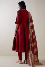 Thumbnail for Malishka Women's Maroon Cotton Silk Solid Anarkali Kurta Pant With Dupatta - Distacart