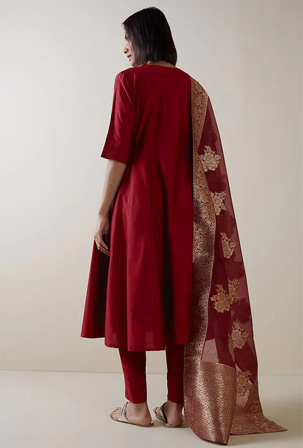 Malishka Women's Maroon Cotton Silk Solid Anarkali Kurta Pant With Dupatta - Distacart