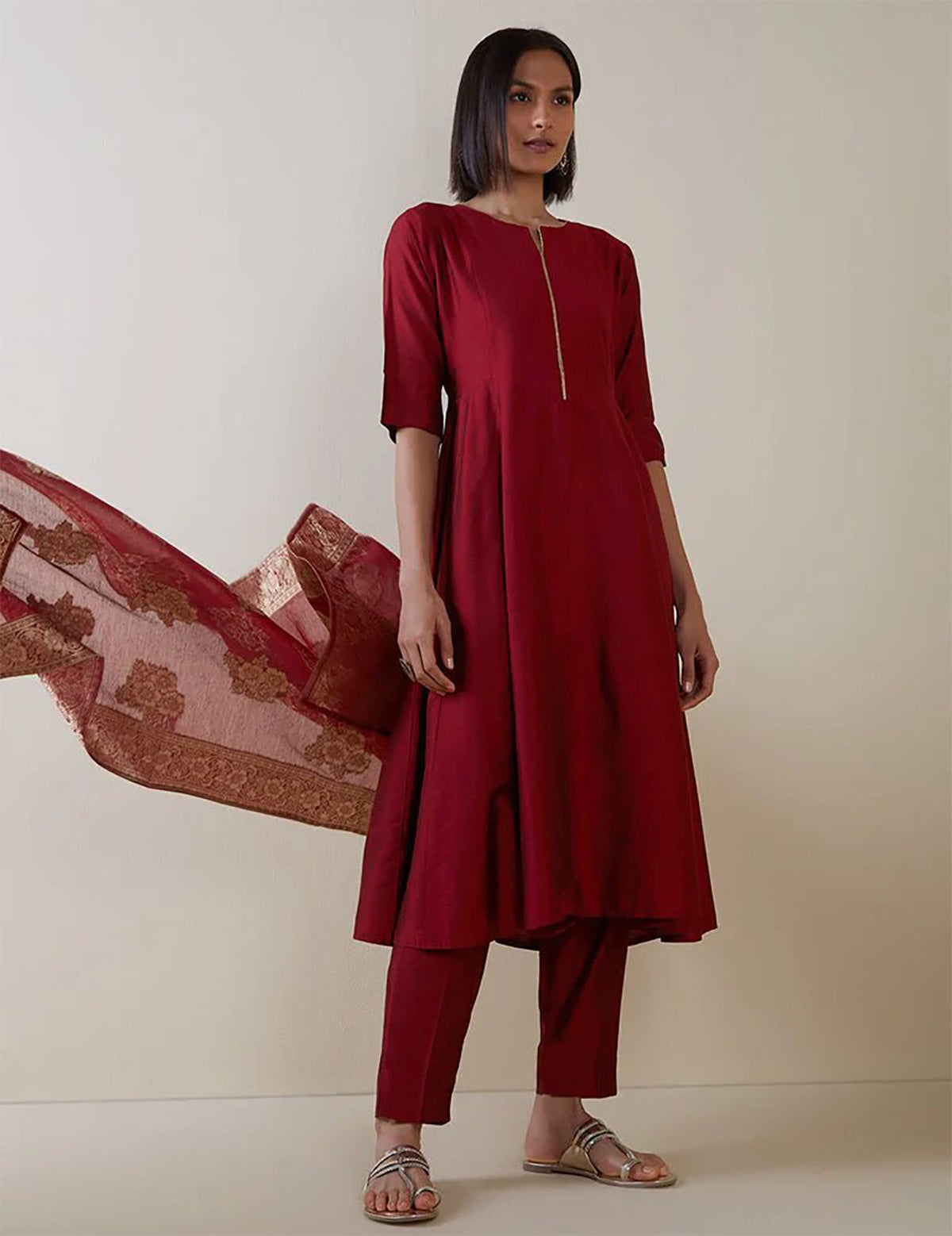 Malishka Women's Maroon Cotton Silk Solid Anarkali Kurta Pant With Dupatta - Distacart