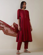 Thumbnail for Malishka Women's Maroon Cotton Silk Solid Anarkali Kurta Pant With Dupatta - Distacart