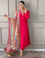 Thumbnail for Malishka Women's Pink Silk Embroidered Straight Kurta Pant With Dupatta - Distacart