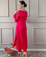 Thumbnail for Malishka Women's Pink Silk Embroidered Straight Kurta Pant With Dupatta - Distacart