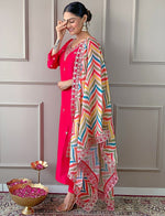 Thumbnail for Malishka Women's Pink Silk Embroidered Straight Kurta Pant With Dupatta - Distacart