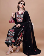 Thumbnail for Malishka Women's Black Georgette Embroidered Straight Kurta Palazzo With Dupatta - Distacart