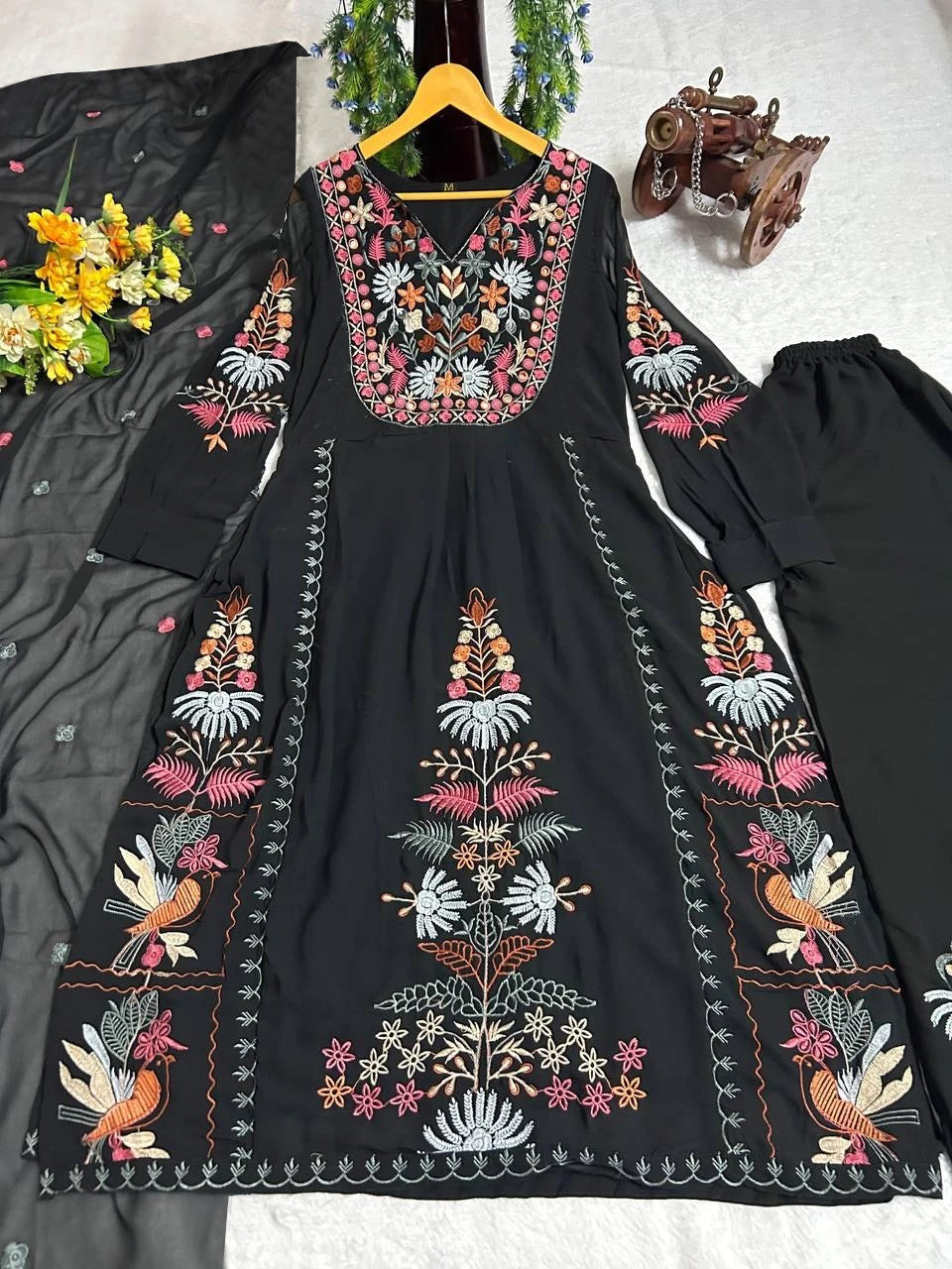 Malishka Women's Black Georgette Embroidered Straight Kurta Palazzo With Dupatta - Distacart