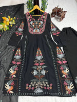 Thumbnail for Malishka Women's Black Georgette Embroidered Straight Kurta Palazzo With Dupatta - Distacart