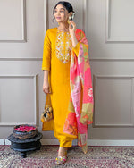 Thumbnail for Malishka Women's Yellow Cotton Silk Embroidered Straight Kurta Pant With Dupatta - Distacart
