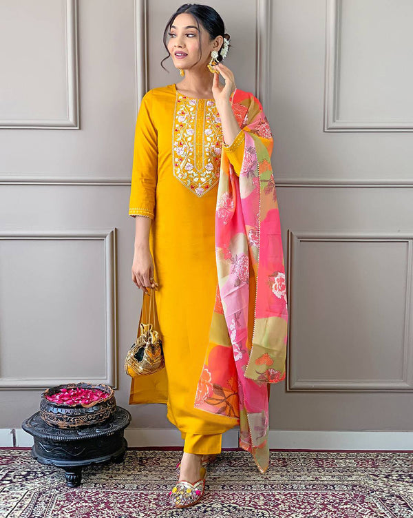 Malishka Women's Yellow Cotton Silk Embroidered Straight Kurta Pant With Dupatta - Distacart