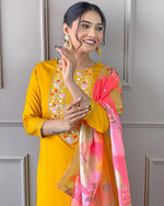 Thumbnail for Malishka Women's Yellow Cotton Silk Embroidered Straight Kurta Pant With Dupatta - Distacart