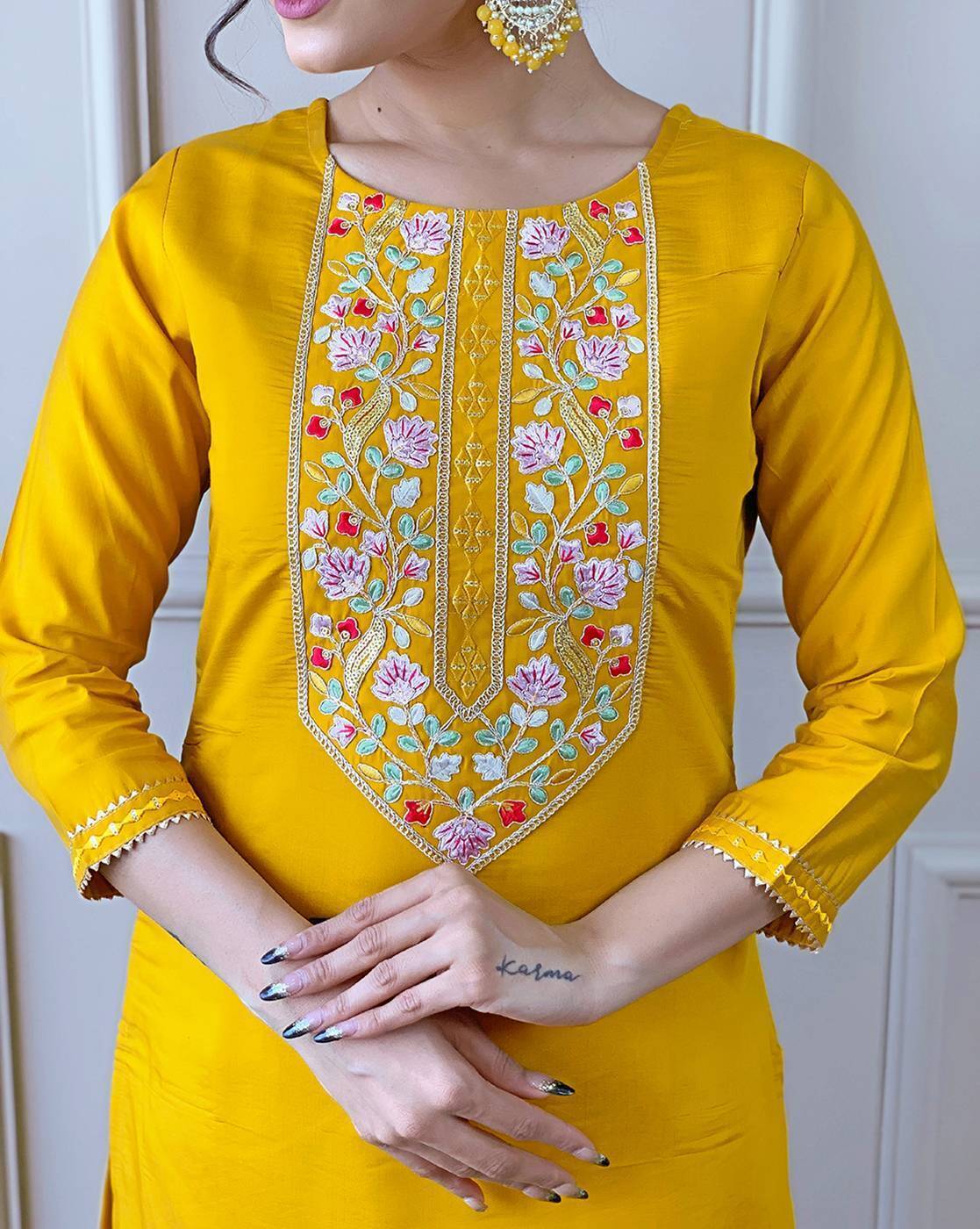 Malishka Women's Yellow Cotton Silk Embroidered Straight Kurta Pant With Dupatta - Distacart