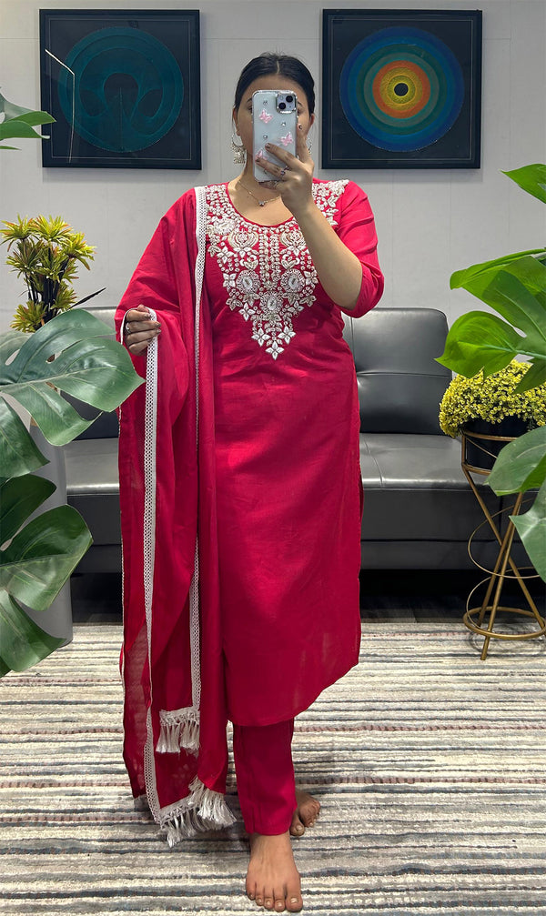 Malishka Women's Pink Cotton Silk Embroidered Straight Kurta Pant With Dupatta - Distacart