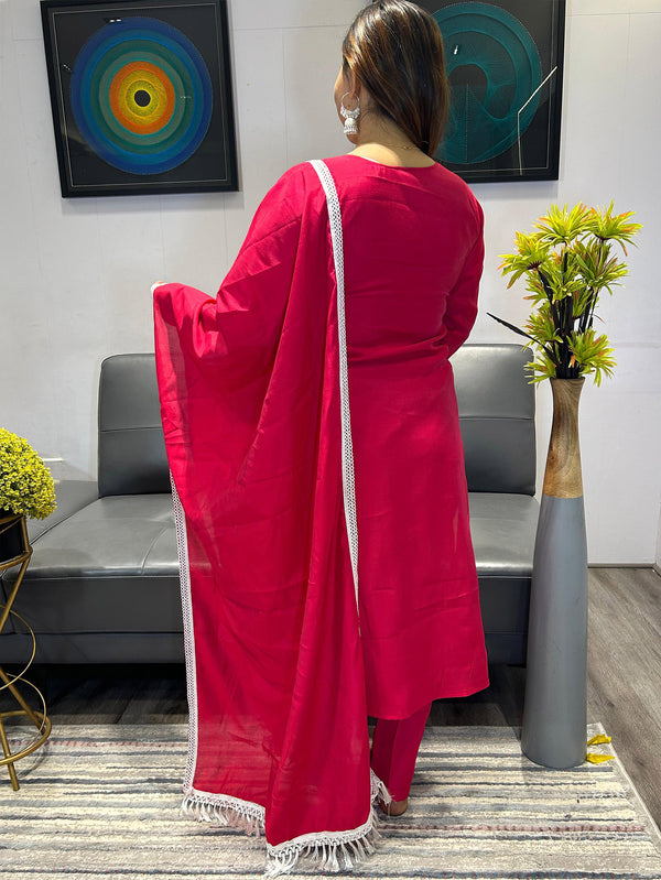 Malishka Women's Pink Cotton Silk Embroidered Straight Kurta Pant With Dupatta - Distacart