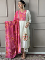 Thumbnail for Malishka Women's White Cotton Silk Solid Straight Kurta Pant With Dupatta - Distacart