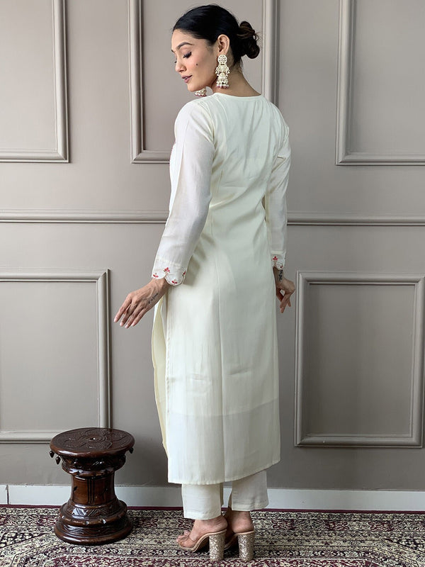 Malishka Women's White Cotton Silk Solid Straight Kurta Pant With Dupatta - Distacart