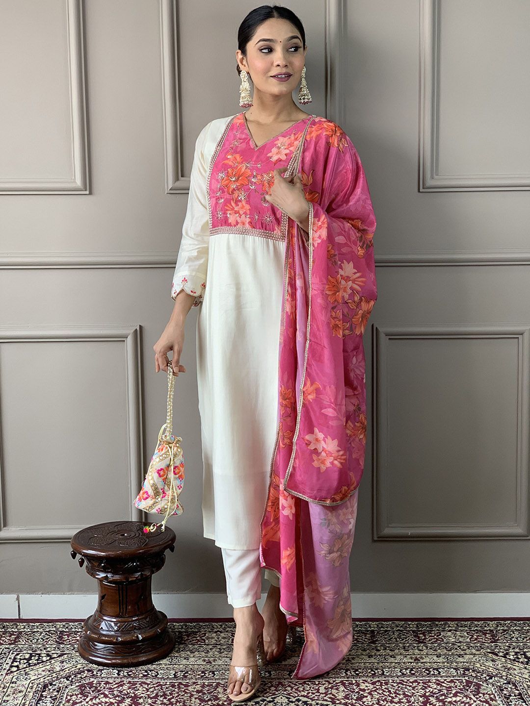Malishka Women's White Cotton Silk Solid Straight Kurta Pant With Dupatta - Distacart
