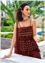 Thumbnail for Malishka Women's Maroon Georgette Embroidered Flared Kurta Palazzo With Dupatta - Distacart
