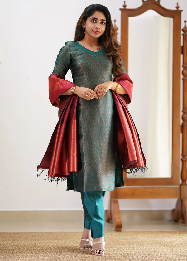 Malishka Women's Sky Blue Jacquard Silk Woven Straight Kurta Pant With Dupatta - Distacart