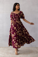 Thumbnail for Malishka Women's Wine Crepe Printed Fit & Flared Midi Dress - Distacart