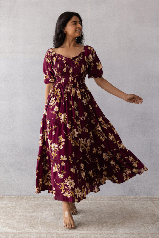 Malishka Women's Wine Crepe Printed Fit & Flared Midi Dress - Distacart