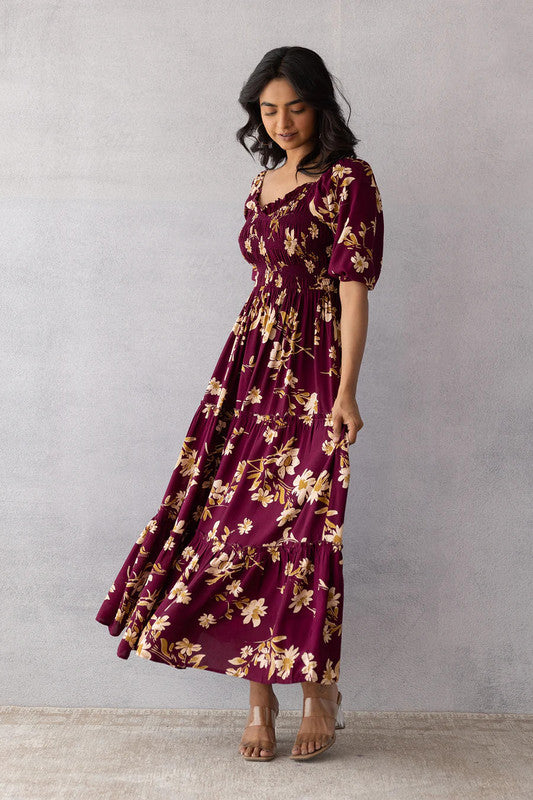 Malishka Women's Wine Crepe Printed Fit & Flared Midi Dress - Distacart