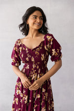 Thumbnail for Malishka Women's Wine Crepe Printed Fit & Flared Midi Dress - Distacart