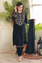 Thumbnail for Malishka Women's Black Velvet Embroidered Straight Kurta Pant With Dupatta - Distacart