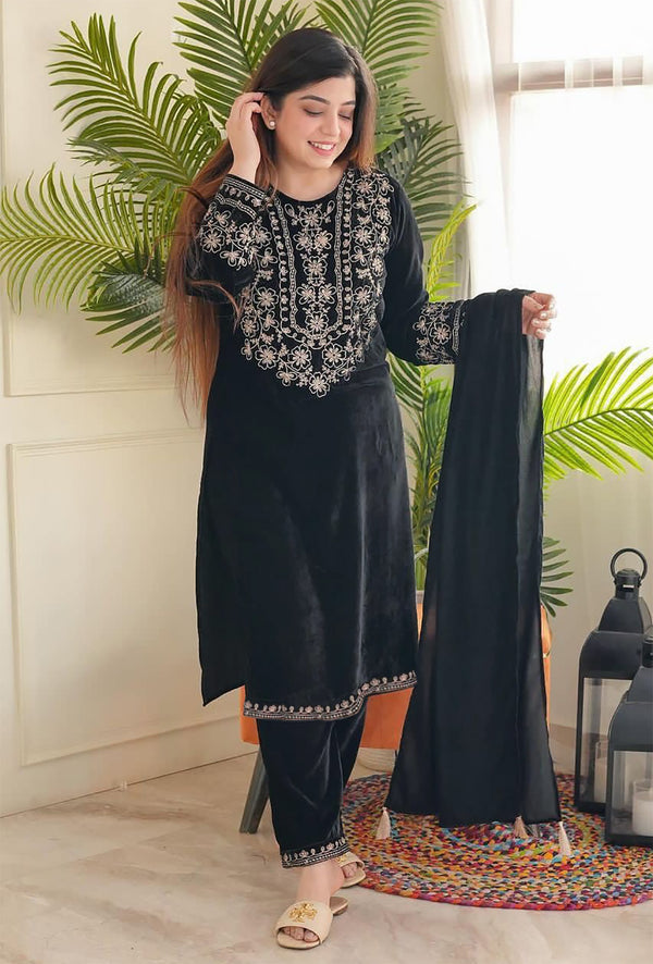 Malishka Women's Black Velvet Embroidered Straight Kurta Pant With Dupatta - Distacart