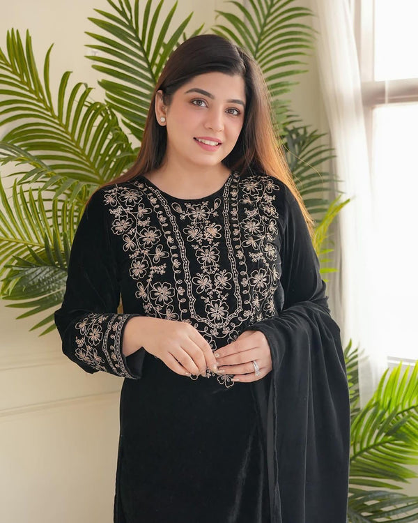 Malishka Women's Black Velvet Embroidered Straight Kurta Pant With Dupatta - Distacart