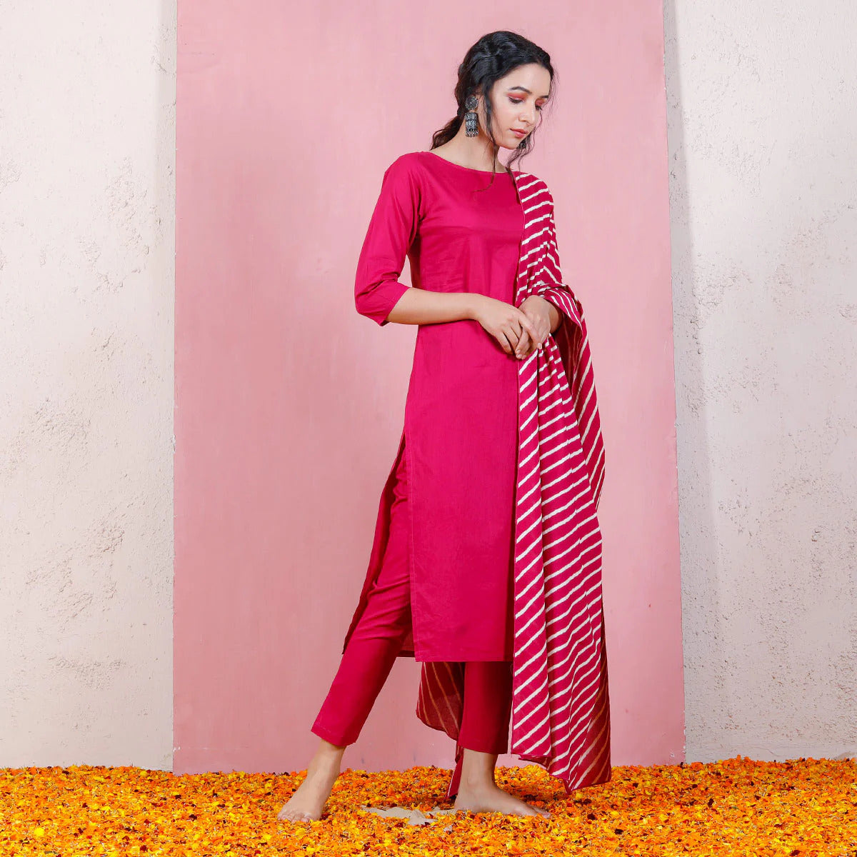 Malishka Women's Pink Roman Silk Solid Straight Kurta Pant With Dupatta - Distacart