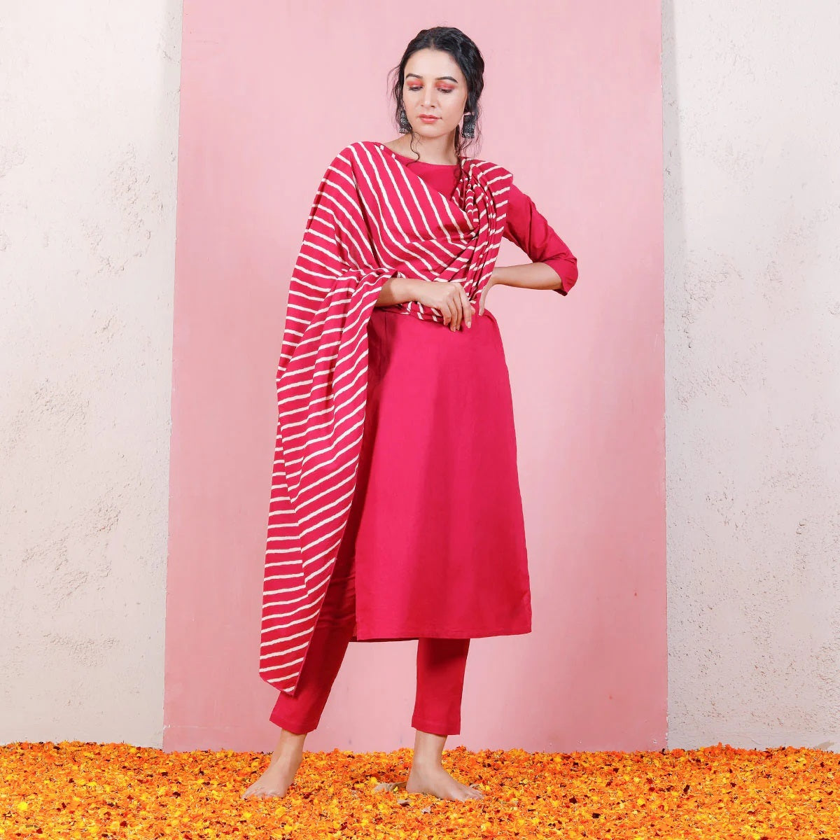 Malishka Women's Pink Roman Silk Solid Straight Kurta Pant With Dupatta - Distacart