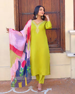 Thumbnail for Malishka Women's Lime Green Cotton Silk Embroidered Straight Kurta Pant With Dupatta - Distacart