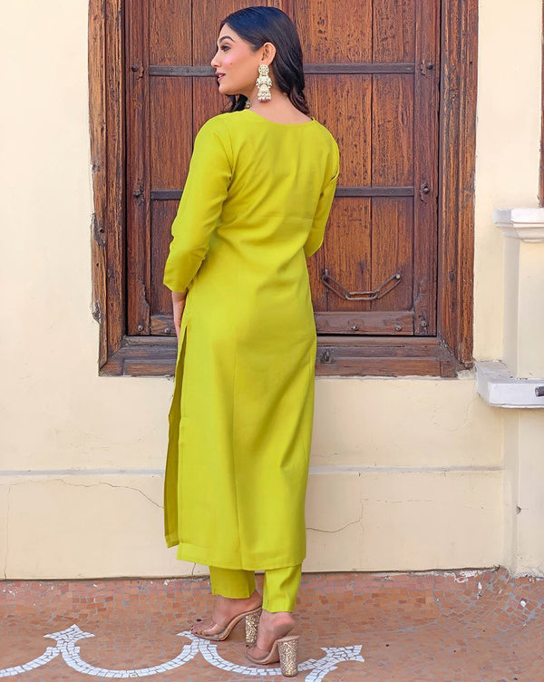 Malishka Women's Lime Green Cotton Silk Embroidered Straight Kurta Pant With Dupatta - Distacart