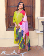 Thumbnail for Malishka Women's Lime Green Cotton Silk Embroidered Straight Kurta Pant With Dupatta - Distacart