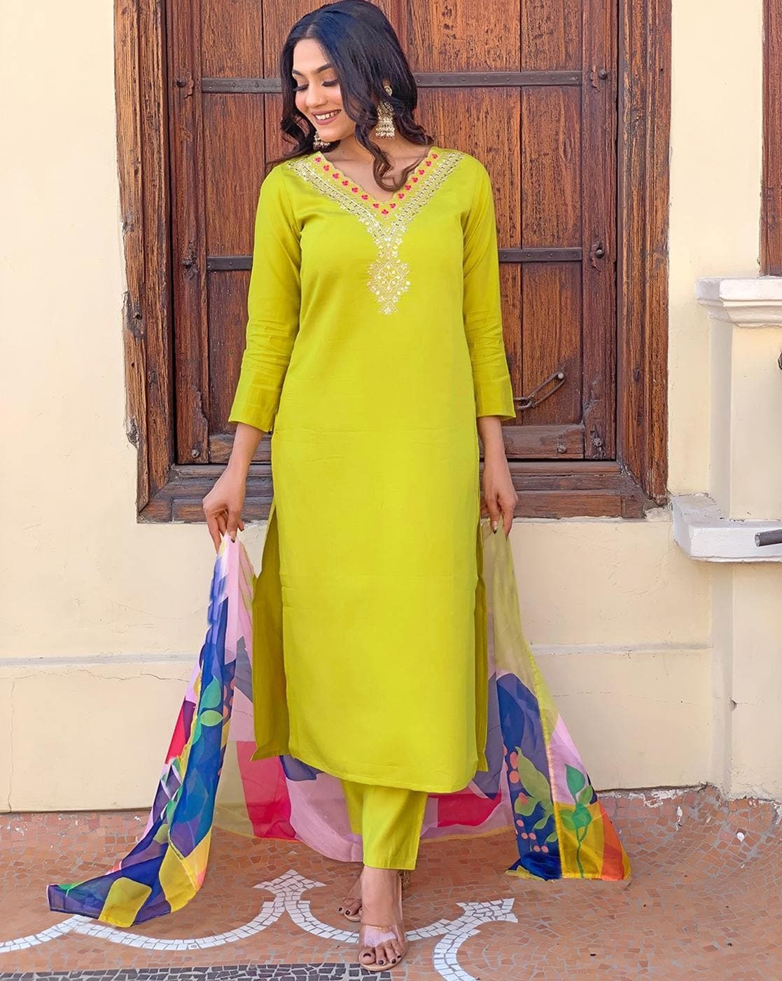Malishka Women's Lime Green Cotton Silk Embroidered Straight Kurta Pant With Dupatta - Distacart