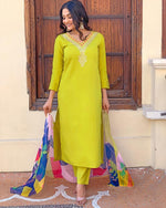 Thumbnail for Malishka Women's Lime Green Cotton Silk Embroidered Straight Kurta Pant With Dupatta - Distacart