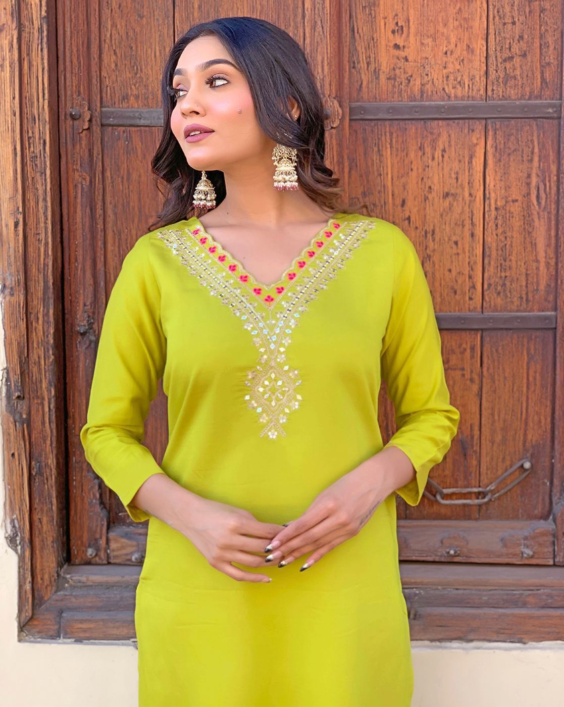 Malishka Women's Lime Green Cotton Silk Embroidered Straight Kurta Pant With Dupatta - Distacart