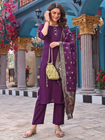 Thumbnail for Malishka Women's Purple Cotton Silk Solid Straight Kurta Pant With Dupatta - Distacart